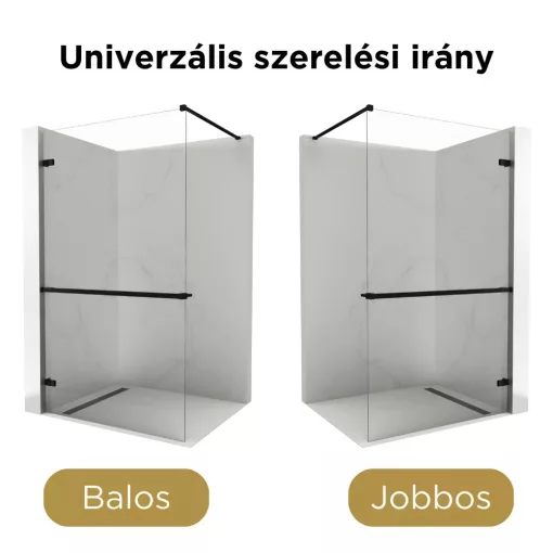 HD Sky+ "F" Black Walk-In zuhanyfal 8 mm vastag vízlepergető biztonsági üveggel, 200 cm magas, matt fekete zsanérokkal és távtartóval