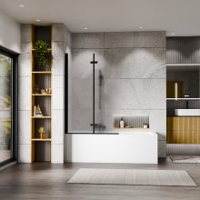 HD Temisto Black 100x150 összecsukható 2 szárnyú kádparaván 6 mm vastag vízlepergető biztonsági matt üveggel, fekete elemekkel