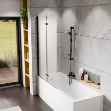 HD Temisto Black 100x150 összecsukható 2 szárnyú kádparaván 6 mm vastag vízlepergető biztonsági matt üveggel, fekete elemekkel