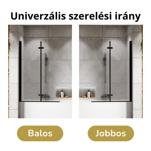 HD Temisto Black 100x150 összecsukható 2 szárnyú kádparaván 6 mm vastag vízlepergető biztonsági matt üveggel, fekete elemekkel