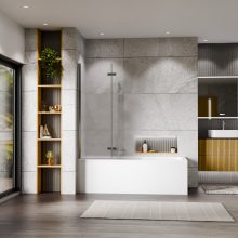 HD Temisto Chrome 100x150 összecsukható 2 szárnyú kádparaván 6 mm vastag vízlepergető biztonsági matt üveggel, krómozott elemekkel