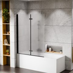   HD Temisto Black 120x150 összecsukható 2 szárnyú kádparaván 6 mm vastag vízlepergető biztonsági matt üveggel, fekete elemekkel