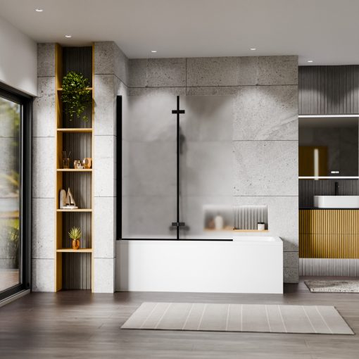 HD Temisto Black 120x150 összecsukható 2 szárnyú kádparaván 6 mm vastag vízlepergető biztonsági matt üveggel, fekete elemekkel