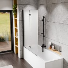 HD Temisto Black 120x150 összecsukható 2 szárnyú kádparaván 6 mm vastag vízlepergető biztonsági matt üveggel, fekete elemekkel