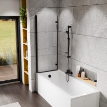 HD Temisto Black 120x150 összecsukható 2 szárnyú kádparaván 6 mm vastag vízlepergető biztonsági matt üveggel, fekete elemekkel