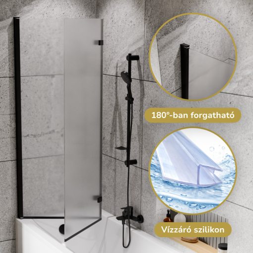 HD Temisto Black 120x150 összecsukható 2 szárnyú kádparaván 6 mm vastag vízlepergető biztonsági matt üveggel, fekete elemekkel
