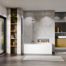 HD Temisto Chrome 120x150 összecsukható 2 szárnyú kádparaván 6 mm vastag vízlepergető biztonsági matt üveggel, krómozott elemekkel