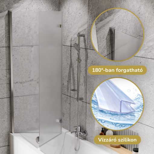 HD Temisto Chrome 120x150 összecsukható 2 szárnyú kádparaván 6 mm vastag vízlepergető biztonsági matt üveggel, krómozott elemekkel