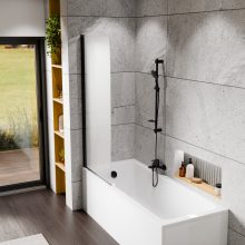 HD Temisto Black 70x150 kihajtható 1 szárnyú kádparaván 6 mm vastag vízlepergető biztonsági matt üveggel, fekete elemekkel