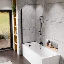 HD Temisto Black 70x150 kihajtható 1 szárnyú kádparaván 6 mm vastag vízlepergető biztonsági matt üveggel, fekete elemekkel