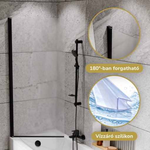 HD Temisto Black 70x150 kihajtható 1 szárnyú kádparaván 6 mm vastag vízlepergető biztonsági matt üveggel, fekete elemekkel