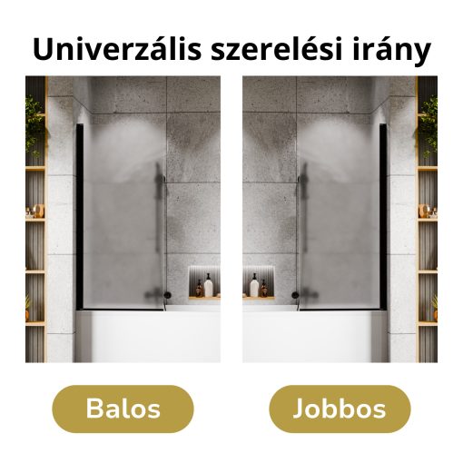 HD Temisto Black 70x150 kihajtható 1 szárnyú kádparaván 6 mm vastag vízlepergető biztonsági matt üveggel, fekete elemekkel