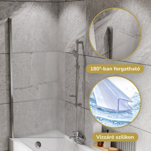 HD Temisto Chrome 70x150 kihajtható 1 szárnyú kádparaván 6 mm vastag vízlepergető biztonsági matt üveggel, krómozott elemekkel