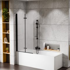   HD Temisto Black 80x150 összecsukható 2 szárnyú kádparaván 6 mm vastag vízlepergető biztonsági matt üveggel, fekete elemekkel