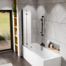 HD Temisto Black 80x150 összecsukható 2 szárnyú kádparaván 6 mm vastag vízlepergető biztonsági matt üveggel, fekete elemekkel