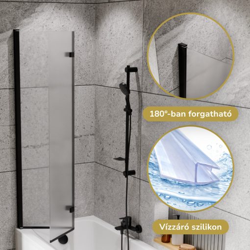 HD Temisto Black 80x150 összecsukható 2 szárnyú kádparaván 6 mm vastag vízlepergető biztonsági matt üveggel, fekete elemekkel