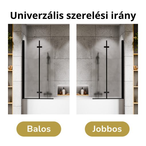 HD Temisto Black 80x150 összecsukható 2 szárnyú kádparaván 6 mm vastag vízlepergető biztonsági matt üveggel, fekete elemekkel