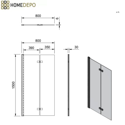 HD Temisto Chrome 80x150 összecsukható 2 szárnyú kádparaván 6 mm vastag vízlepergető biztonsági matt üveggel, krómozott elemekkel