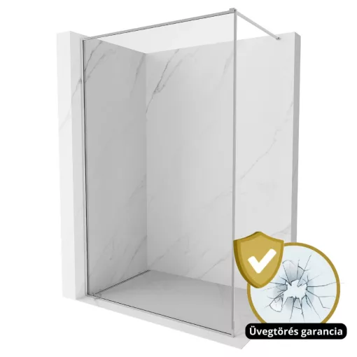 HD Velence Chrome Walk-In zuhanyfal 8 mm vastag vízlepergető biztonsági üveggel, 200 cm magas, króm profillal és távtartóval, króm kerettel