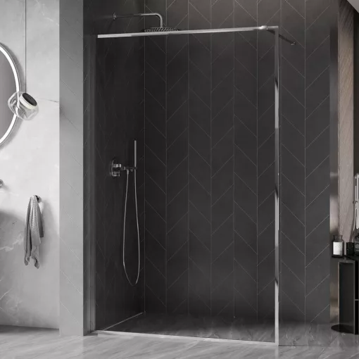 HD Velence Chrome Walk-In zuhanyfal 8 mm vastag vízlepergető biztonsági üveggel, 200 cm magas, króm profillal és távtartóval, króm kerettel