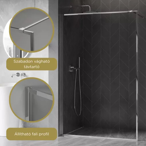 HD Velence Chrome Walk-In zuhanyfal 8 mm vastag vízlepergető biztonsági üveggel, 200 cm magas, króm profillal és távtartóval, króm kerettel