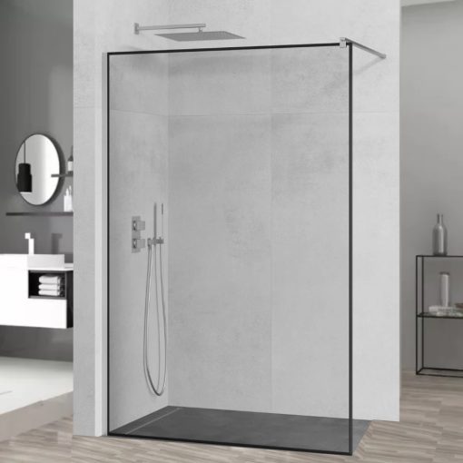 HD Velence Black-Chrome Walk-In zuhanyfal, 80x200 cm, 8 mm vastag vízlepergető biztonsági üveggel, 200 cm magas, króm profillal és távtartóval, fekete kerettel