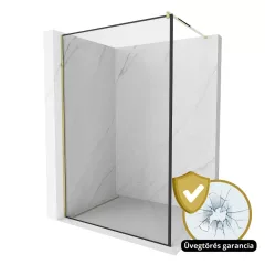   HD Velence Black-Gold Walk-In zuhanyfal 8 mm vastag vízlepergető biztonsági üveggel, 200 cm magas, arany profillal és távtartóval, fekete kerettel