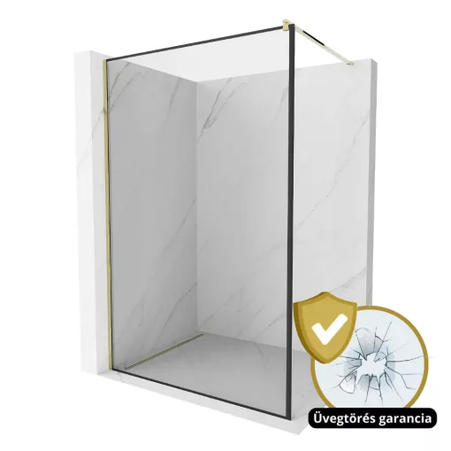 HD Velence Black-Gold Walk-In zuhanyfal, 130x200 cm, 8 mm vastag vízlepergető biztonsági üveggel, 200 cm magas, arany profillal és távtartóval, fekete kerettel
