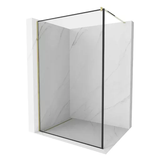 HD Velence Black-Gold Walk-In zuhanyfal, 130x200 cm, 8 mm vastag vízlepergető biztonsági üveggel, 200 cm magas, arany profillal és távtartóval, fekete kerettel