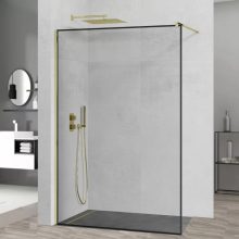 HD Velence Black-Gold Walk-In zuhanyfal, 110x200 cm, 8 mm vastag vízlepergető biztonsági üveggel, 200 cm magas, arany profillal és távtartóval, fekete kerettel