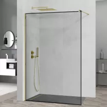 HD Velence Black-Gold Walk-In zuhanyfal, 130x200 cm, 8 mm vastag vízlepergető biztonsági üveggel, 200 cm magas, arany profillal és távtartóval, fekete kerettel