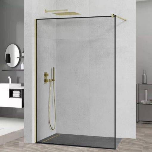 HD Velence Black-Gold Walk-In zuhanyfal, 110x200 cm, 8 mm vastag vízlepergető biztonsági üveggel, 200 cm magas, arany profillal és távtartóval, fekete kerettel
