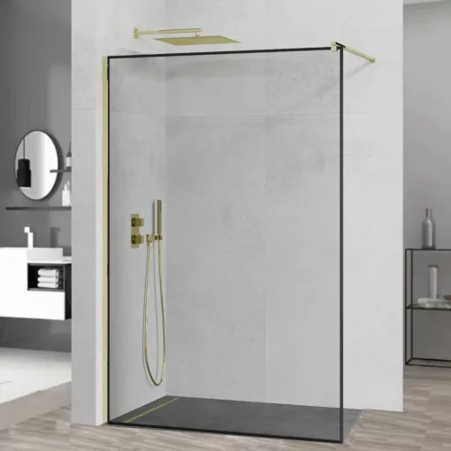 HD Velence Black-Gold Walk-In zuhanyfal, 130x200 cm, 8 mm vastag vízlepergető biztonsági üveggel, 200 cm magas, arany profillal és távtartóval, fekete kerettel