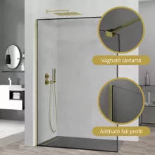 HD Velence Black-Gold Walk-In zuhanyfal, 130x200 cm, 8 mm vastag vízlepergető biztonsági üveggel, 200 cm magas, arany profillal és távtartóval, fekete kerettel