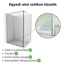 HD Velence Black-Gold Walk-In zuhanyfal, 110x200 cm, 8 mm vastag vízlepergető biztonsági üveggel, 200 cm magas, arany profillal és távtartóval, fekete kerettel
