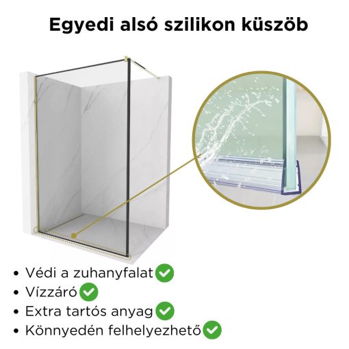 HD Velence Black-Gold Walk-In zuhanyfal, 110x200 cm, 8 mm vastag vízlepergető biztonsági üveggel, 200 cm magas, arany profillal és távtartóval, fekete kerettel