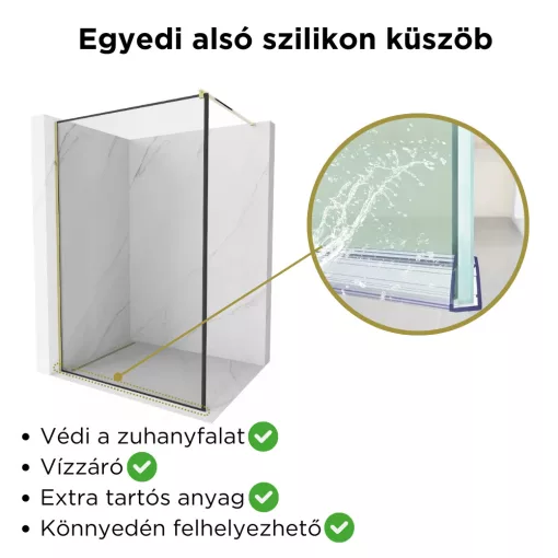 HD Velence Black-Gold Walk-In zuhanyfal, 130x200 cm, 8 mm vastag vízlepergető biztonsági üveggel, 200 cm magas, arany profillal és távtartóval, fekete kerettel