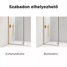 HD Velence Black-Gold Walk-In zuhanyfal, 110x200 cm, 8 mm vastag vízlepergető biztonsági üveggel, 200 cm magas, arany profillal és távtartóval, fekete kerettel