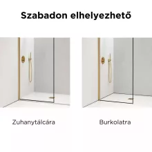 HD Velence Black-Gold Walk-In zuhanyfal, 130x200 cm, 8 mm vastag vízlepergető biztonsági üveggel, 200 cm magas, arany profillal és távtartóval, fekete kerettel