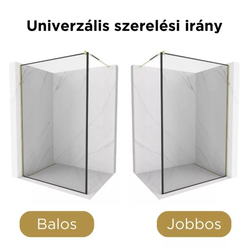 HD Velence Black-Gold Walk-In zuhanyfal, 110x200 cm, 8 mm vastag vízlepergető biztonsági üveggel, 200 cm magas, arany profillal és távtartóval, fekete kerettel