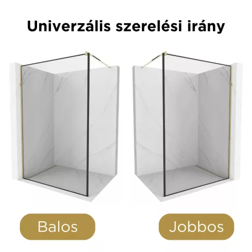 HD Velence Black-Gold Walk-In zuhanyfal, 130x200 cm, 8 mm vastag vízlepergető biztonsági üveggel, 200 cm magas, arany profillal és távtartóval, fekete kerettel