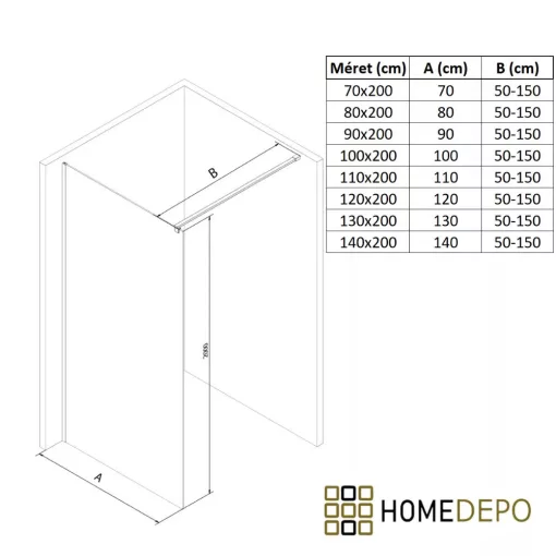 HD Velence Black-Gold Walk-In zuhanyfal, 130x200 cm, 8 mm vastag vízlepergető biztonsági üveggel, 200 cm magas, arany profillal és távtartóval, fekete kerettel