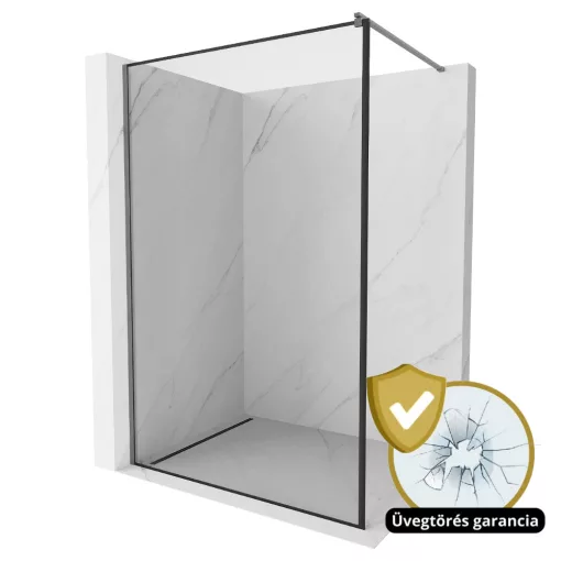 HD Velence Black-Grey Walk-In zuhanyfal 8 mm vastag vízlepergető biztonsági üveggel, 200 cm magas, szürke profillal és távtartóval, fekete kerettel