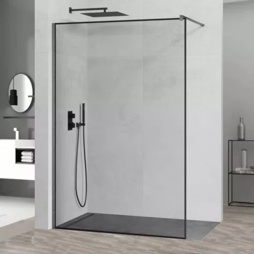 HD Velence Black-Grey Walk-In zuhanyfal 8 mm vastag vízlepergető biztonsági üveggel, 200 cm magas, szürke profillal és távtartóval, fekete kerettel
