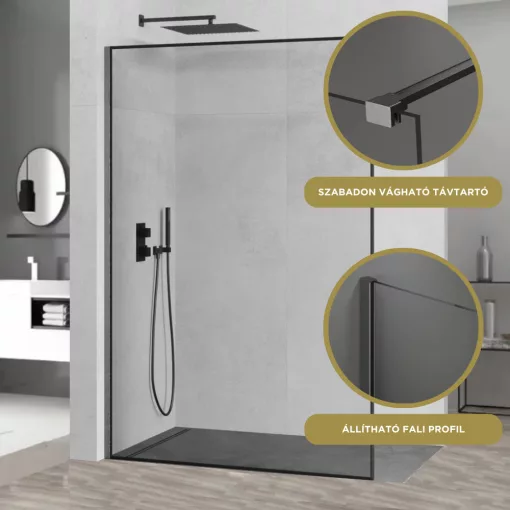 HD Velence Black-Grey Walk-In zuhanyfal 8 mm vastag vízlepergető biztonsági üveggel, 200 cm magas, szürke profillal és távtartóval, fekete kerettel