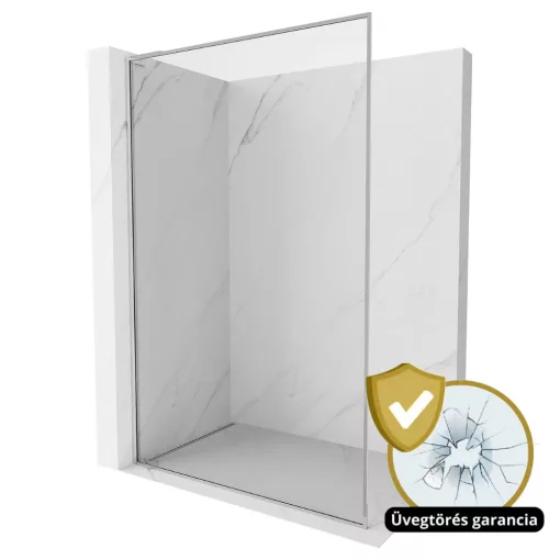 HD Velence "L" Chrome Walk-In zuhanyfal 8 mm vastag vízlepergető biztonsági üveggel, 200 cm magas, króm profillal és "L" stabilizátorral, krómozott kerettel