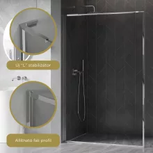 HD Velence "L" Chrome Walk-In zuhanyfal 8 mm vastag vízlepergető biztonsági üveggel, 200 cm magas, króm profillal és "L" stabilizátorral, krómozott kerettel