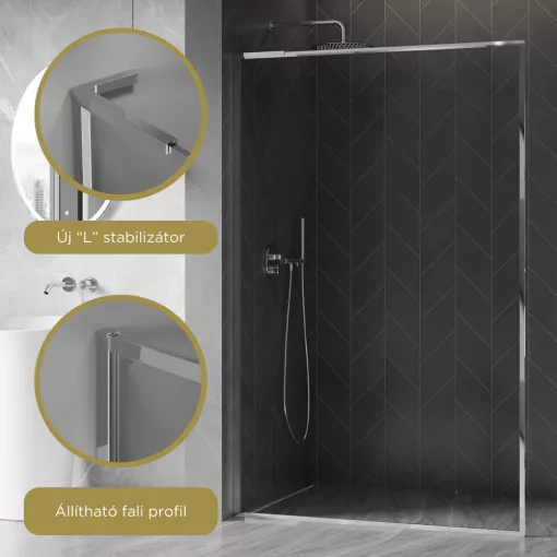 HD Velence "L" Chrome Walk-In zuhanyfal 8 mm vastag vízlepergető biztonsági üveggel, 200 cm magas, króm profillal és "L" stabilizátorral, krómozott kerettel