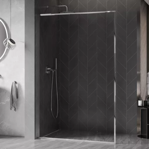 HD Velence "L" Chrome Walk-In zuhanyfal 8 mm vastag vízlepergető biztonsági üveggel, 200 cm magas, króm profillal és "L" stabilizátorral, krómozott kerettel