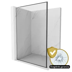   HD Velence "L" Black-Chrome Walk-In zuhanyfal 8 mm vastag vízlepergető biztonsági üveggel, 200 cm magas, króm profillal és "L" stabilizátorral, fekete kerettel